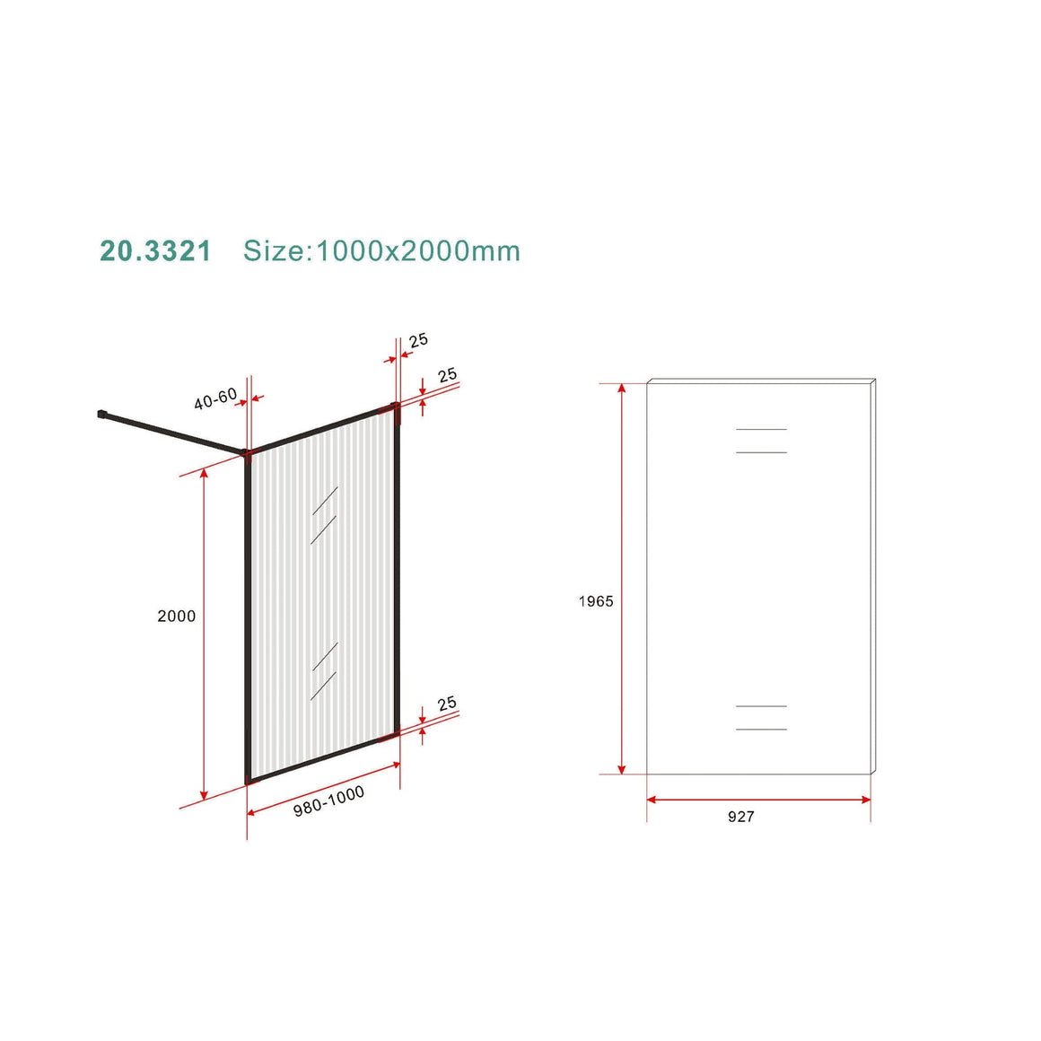 Wiesbaden Square inloopdouche nano geribbeld helder glas 100 cm - technische tekening