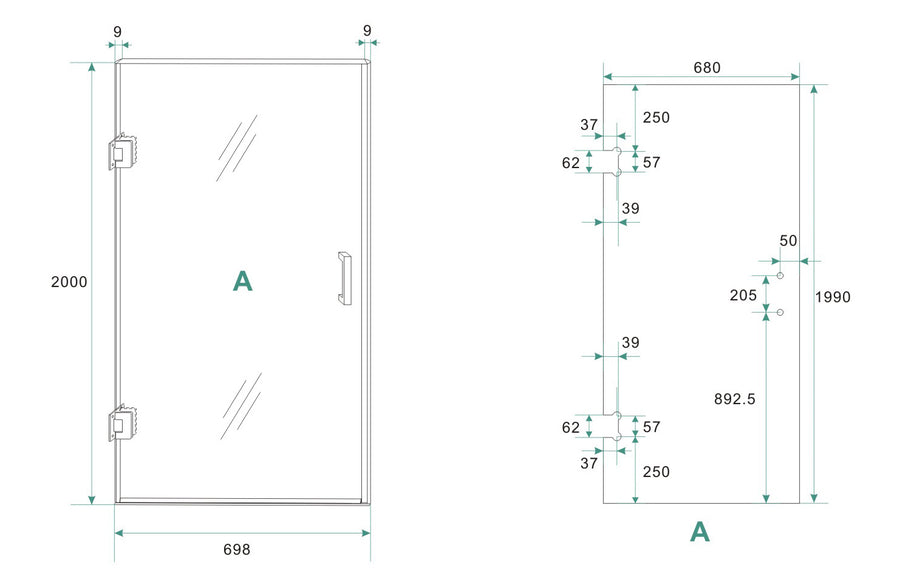 Wiesbaden Less nisdeur nano helder glas geborsteld 70 cm - technische tekening