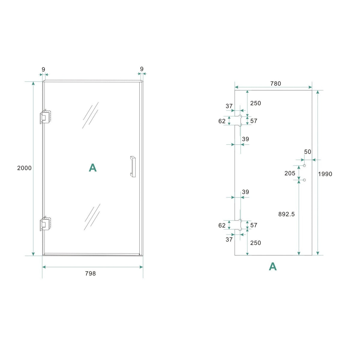 Wiesbaden Less nisdeur nano helder glas 80 cm / Gunmetal - technische tekening