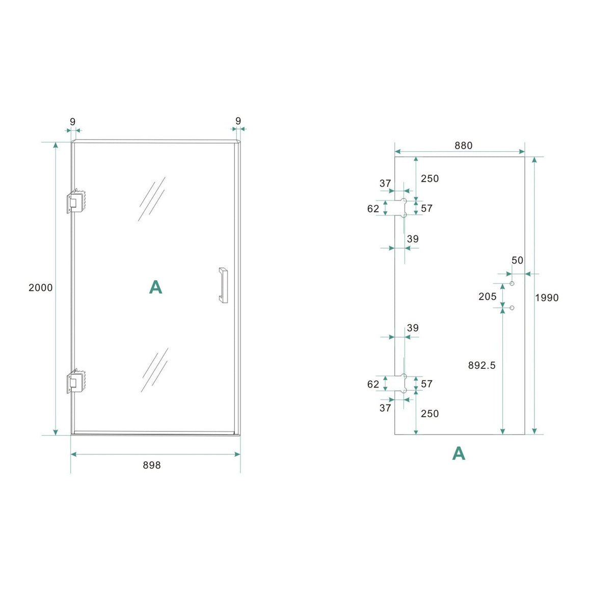 Wiesbaden Less nisdeur nano helder glas 90 cm / Geborsteld messing - technische tekening