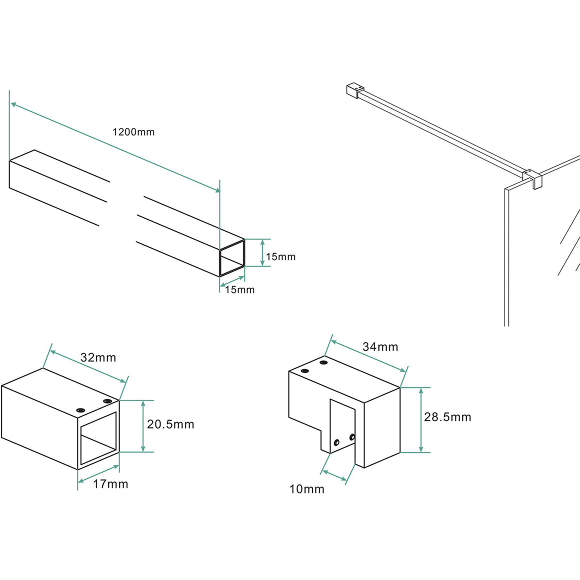 Wiesbaden Slim stabilisatiestang 120 cm geborsteld brons koper - technische tekening