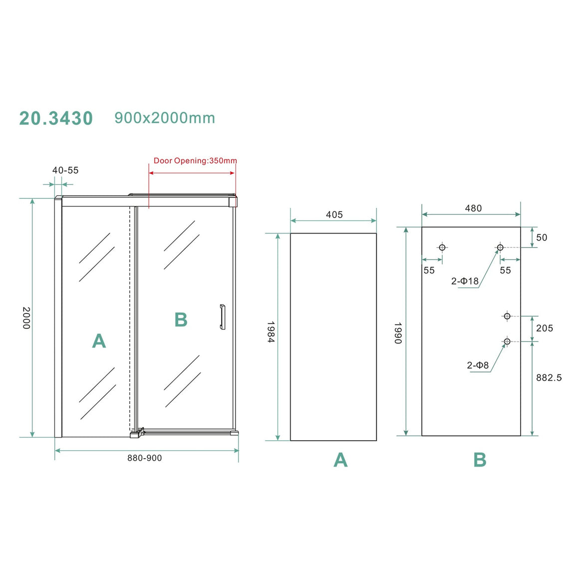 Wiesbaden Puerta nisdeur met 1 schuifdeur 90 cm - technische tekening