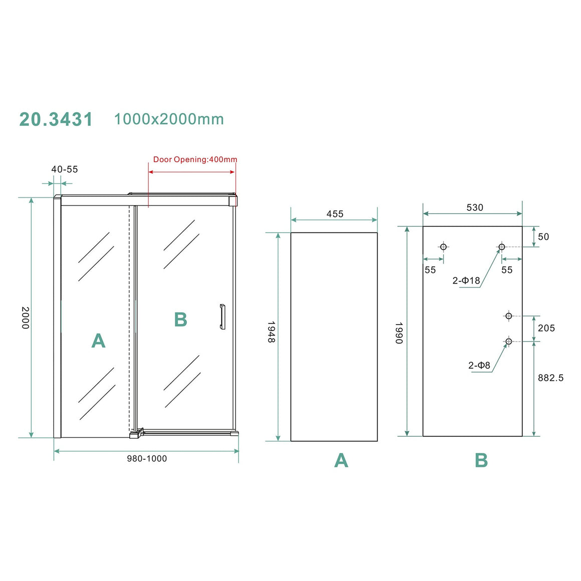 Wiesbaden Puerta nisdeur met 1 schuifdeur 100 cm - technische tekening