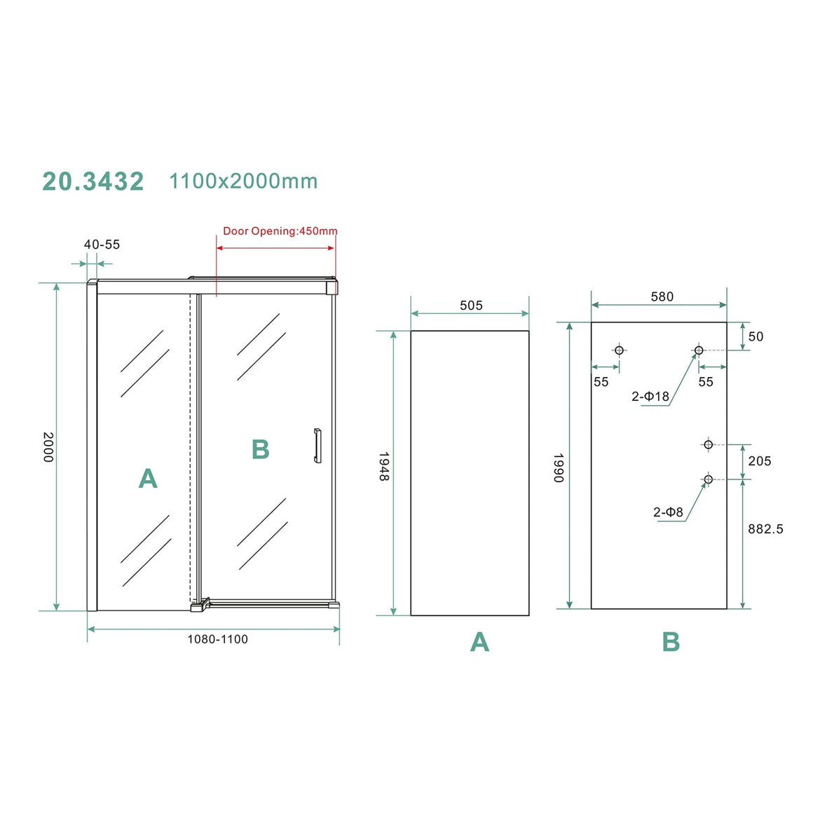 Wiesbaden Puerta nisdeur met 1 schuifdeur 110 cm - technische tekening