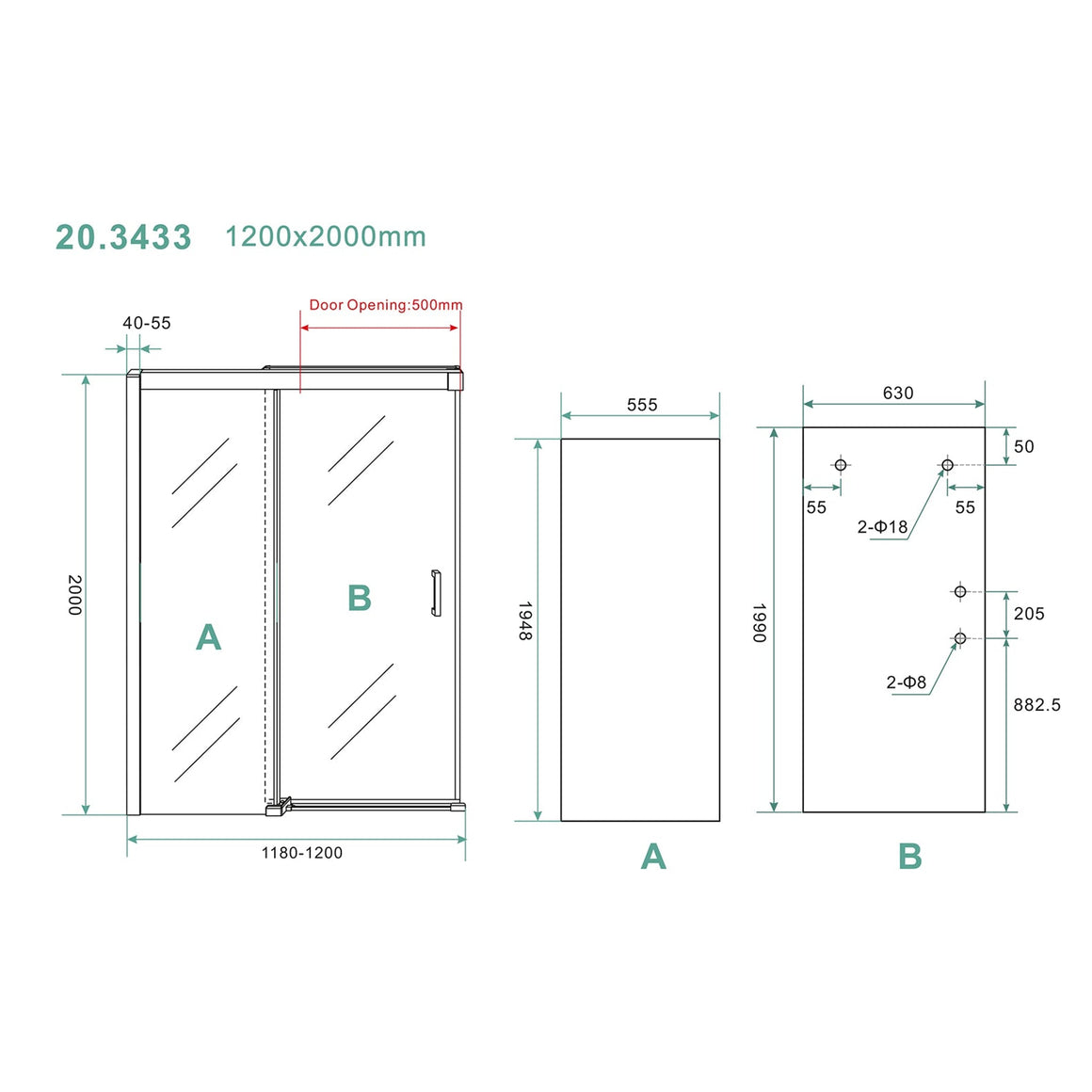 Wiesbaden Puerta nisdeur met 1 schuifdeur 120 cm - technische tekening