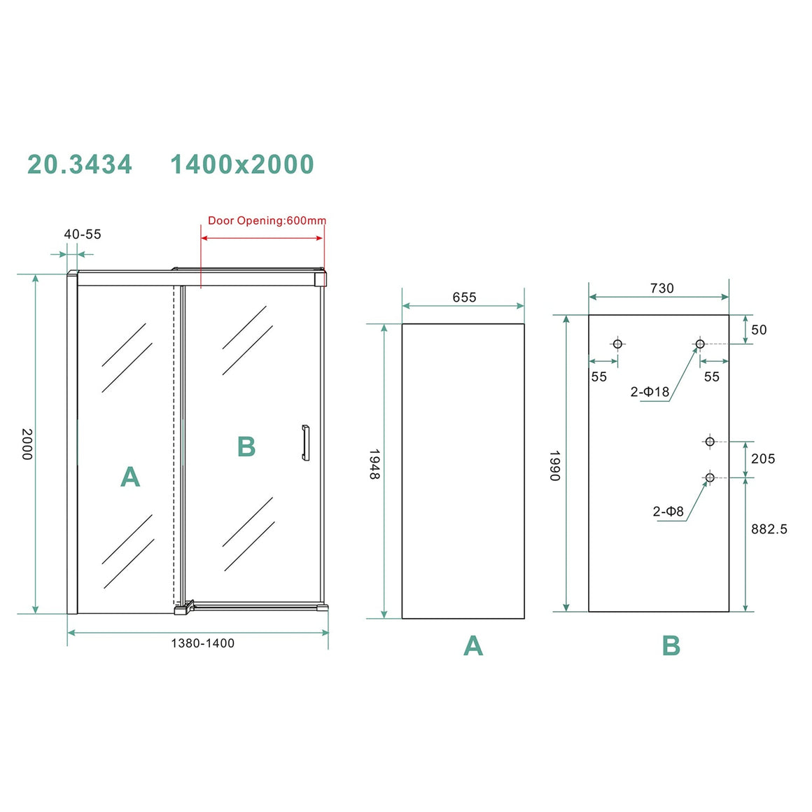 Wiesbaden Puerta nisdeur met 1 schuifdeur 140 cm - technische tekening