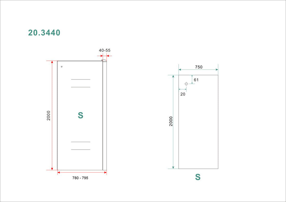 Wiesbaden Side zijwand voor Puerta en Slide nisdeur 80 cm - technische tekening
