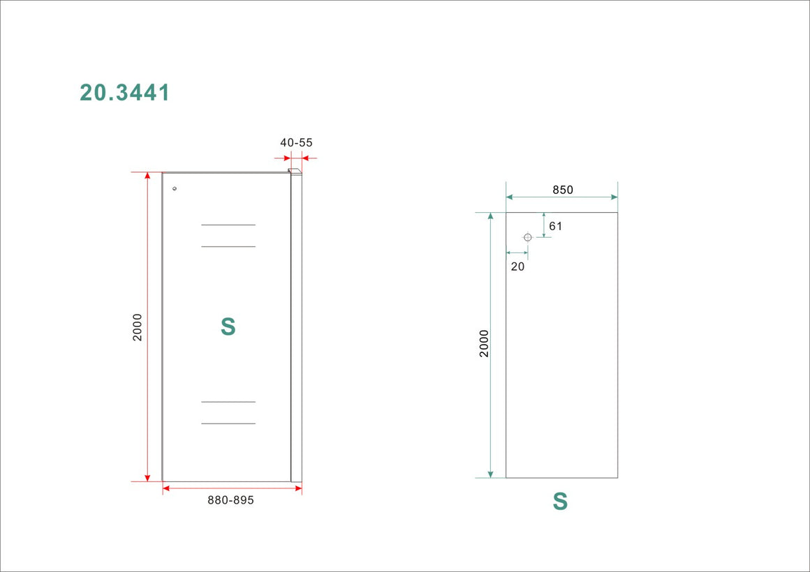 Wiesbaden Side zijwand voor Puerta en Slide nisdeur 90 cm - technische tekening