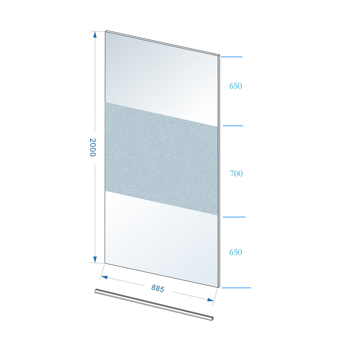 Wiesbaden Slim glasplaat nano helder glas met melkglas middenband 90 cm - technische tekening