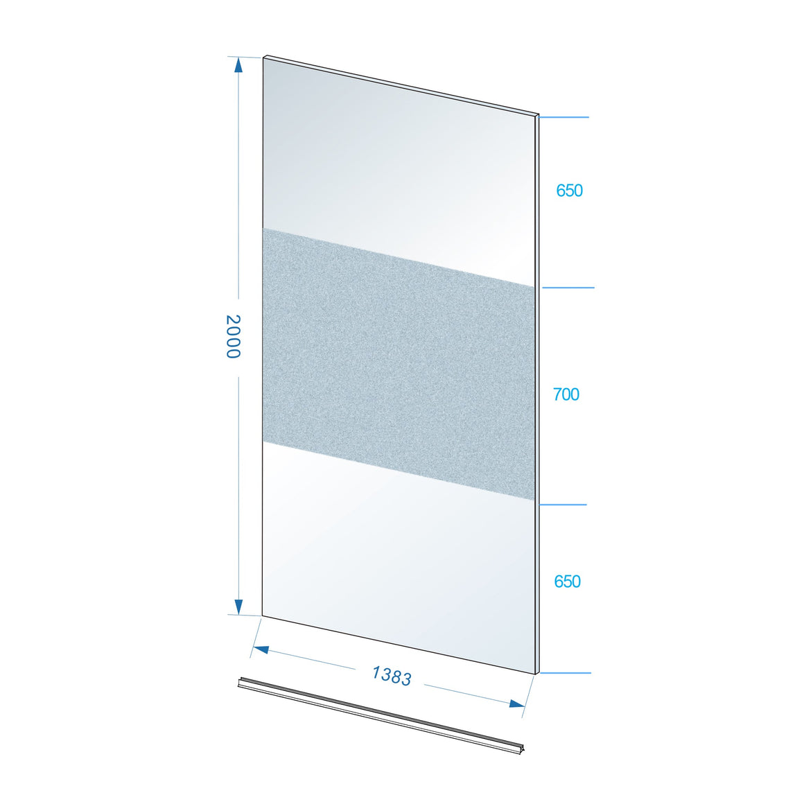Wiesbaden Slim glasplaat nano helder glas met melkglas middenband 140 cm - technische tekening