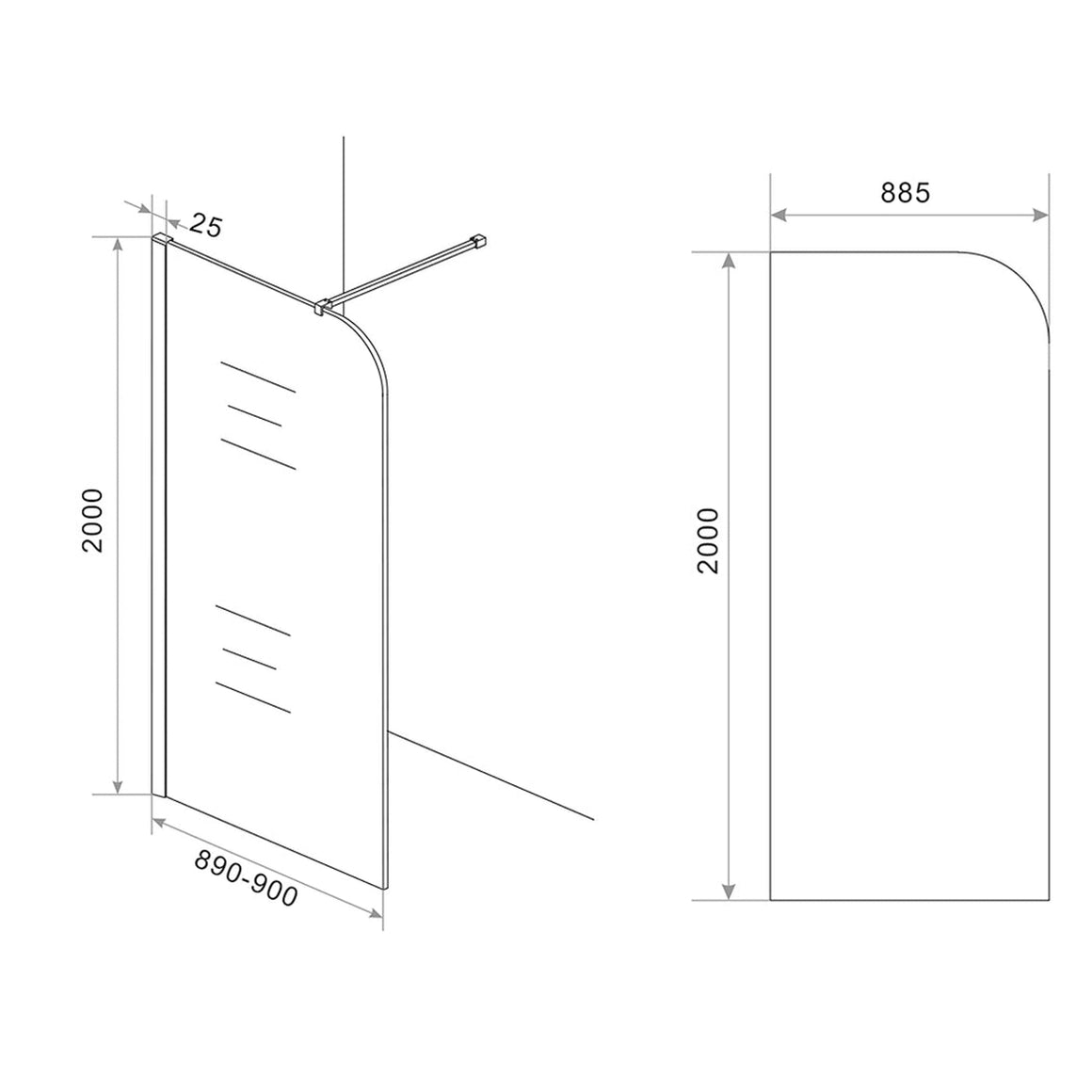 Wiesbaden Curvea inloopdouche 2000 x 8 mm nano helder glas 900 x 2000 mm - technische tekening