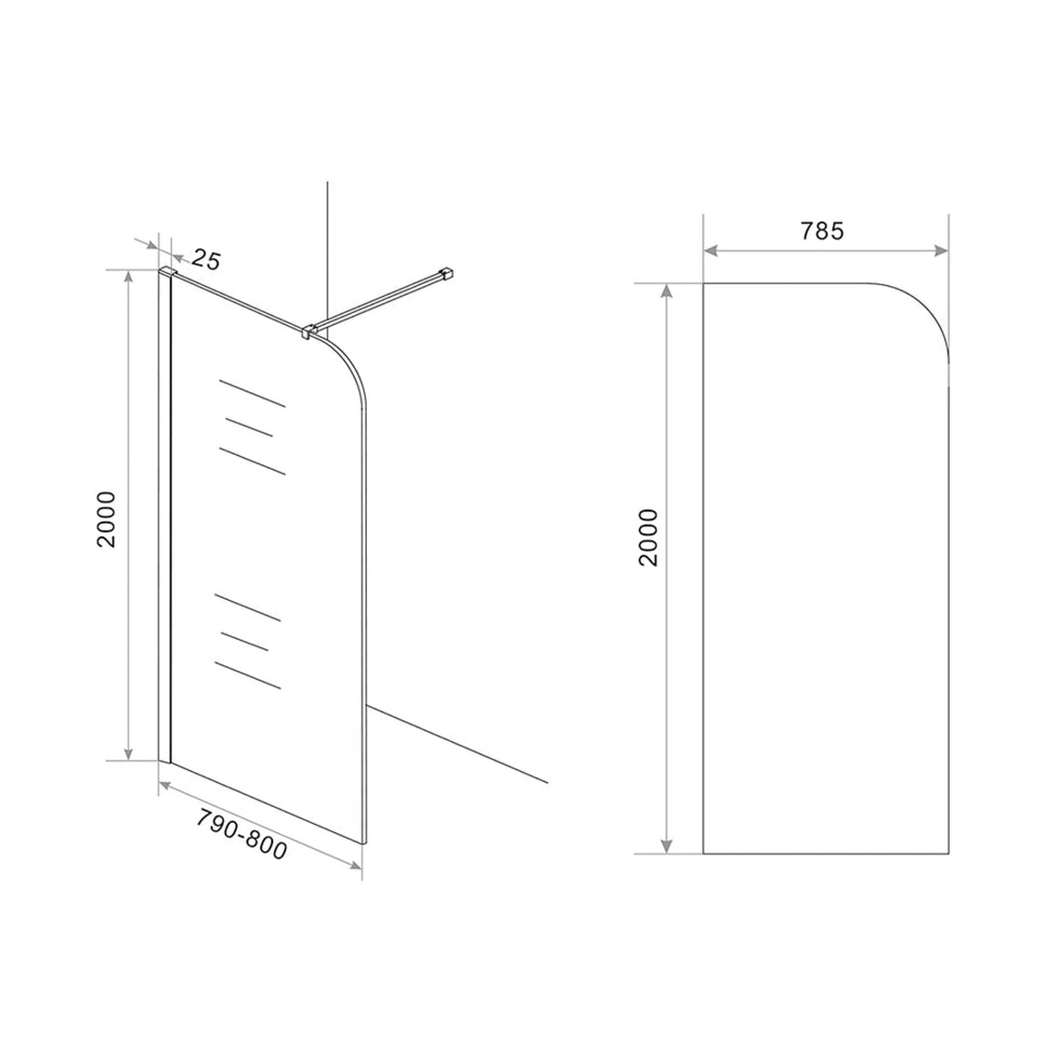 Wiesbaden Curvea inloopdouche nano vintage brons glas 80 cm - technische tekening