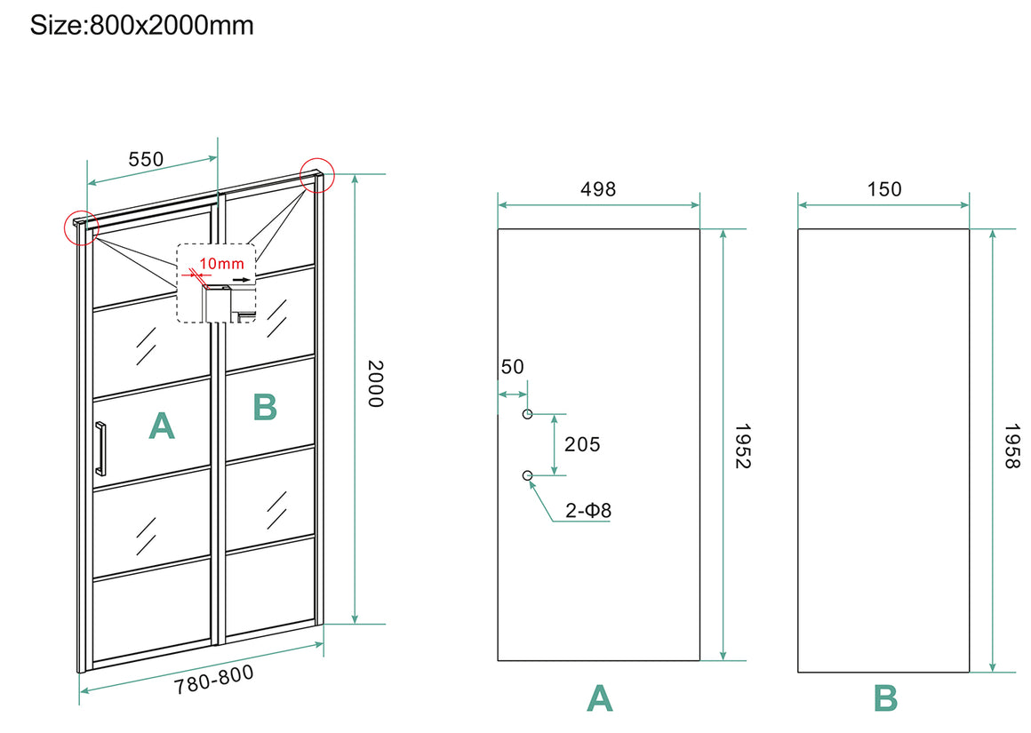 Wiesbaden Horizon nisdeur met vast deel en raster 80 cm - technische tekening
