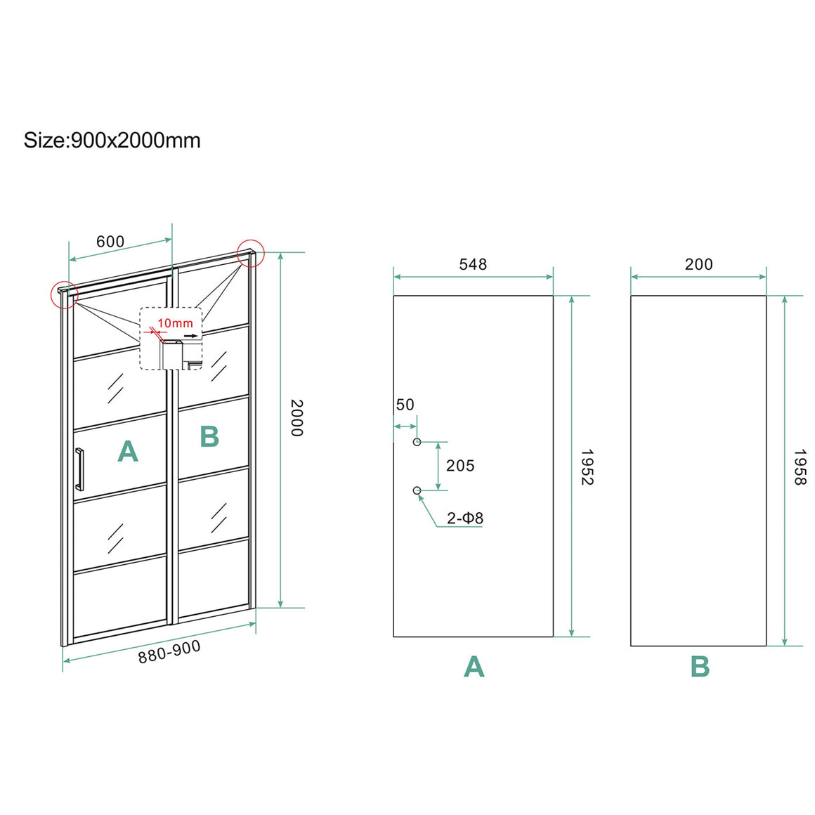 Wiesbaden Horizon nisdeur met vast deel en raster 90 cm - technische tekening