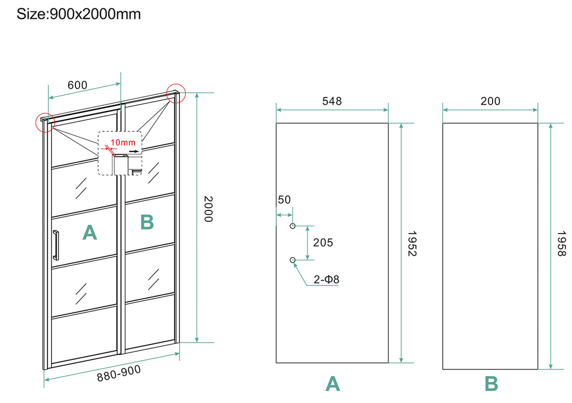 Wiesbaden Horizon nisdeur met vast deel en raster 90 cm - technische tekening