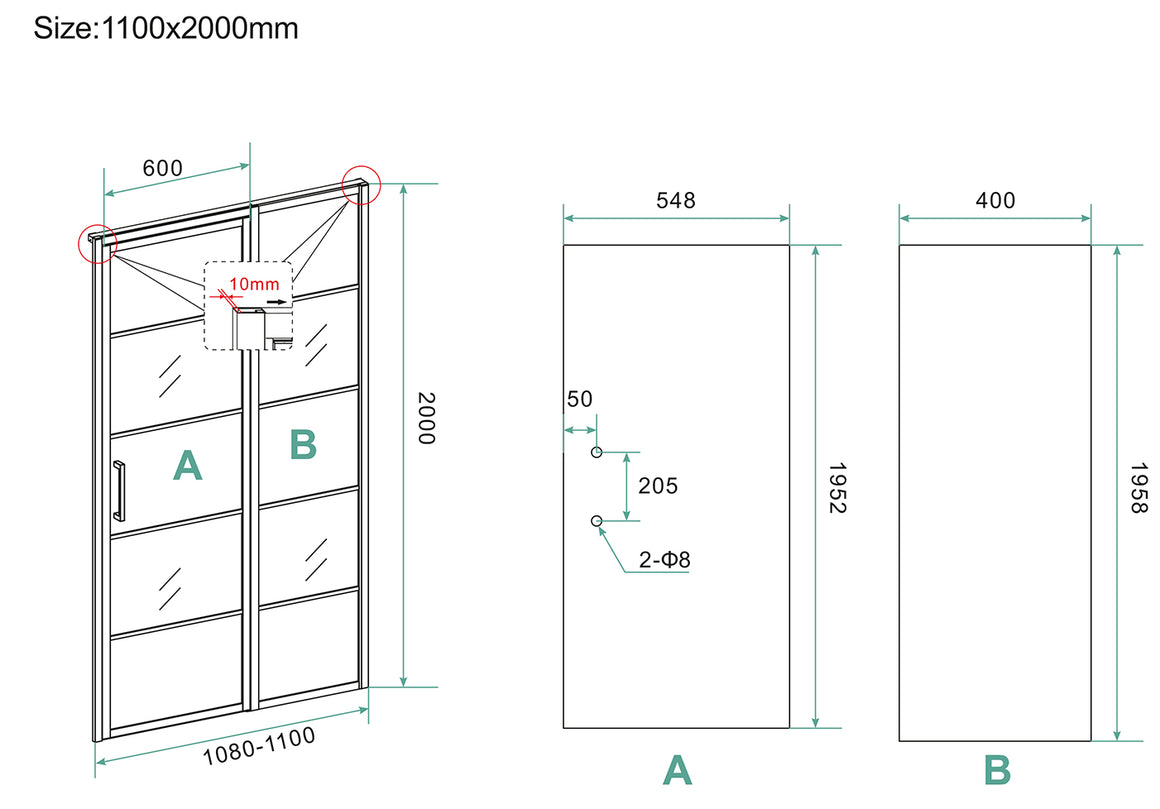 Wiesbaden Horizon nisdeur met vast deel en raster 110 cm - technische tekening