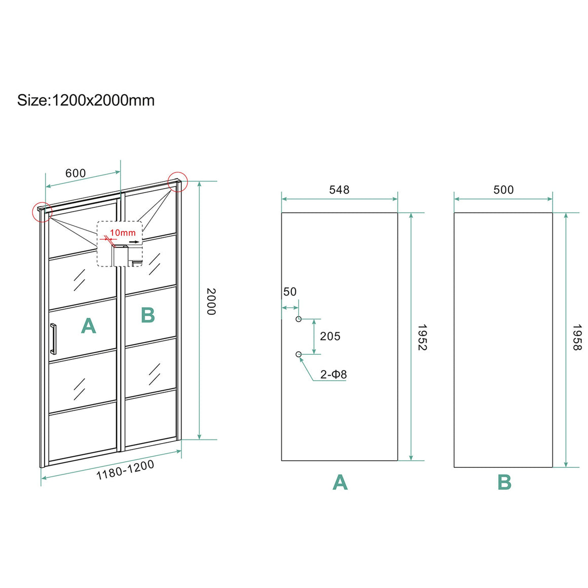 Wiesbaden Horizon nisdeur met vast deel en raster 120 cm - technische tekening