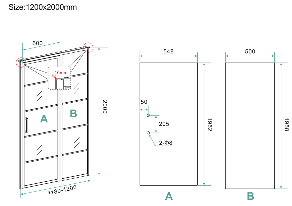 Wiesbaden Horizon nisdeur met vast deel en raster 120 cm - technische tekening