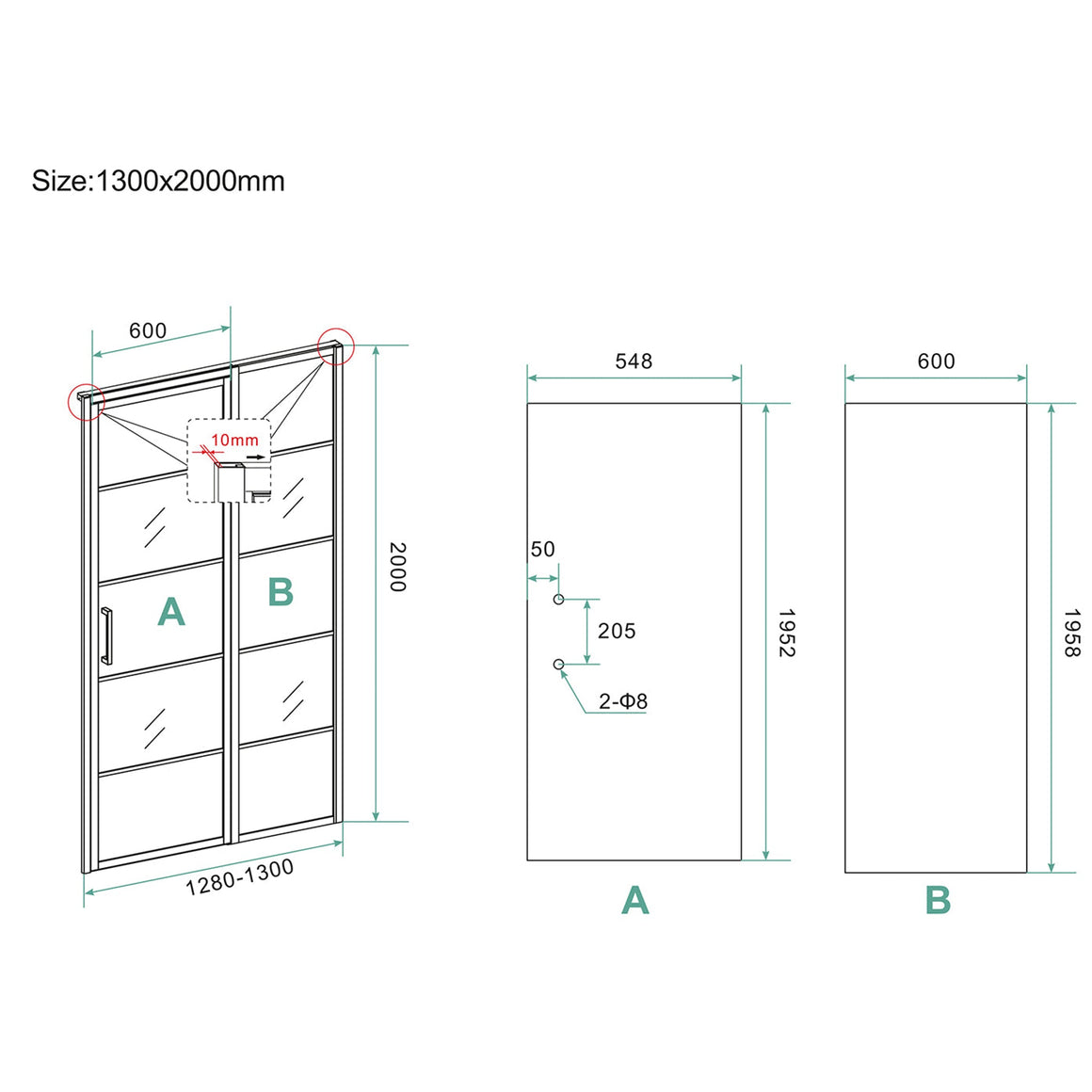 Wiesbaden Horizon nisdeur met vast deel en raster 130 cm - technische tekening