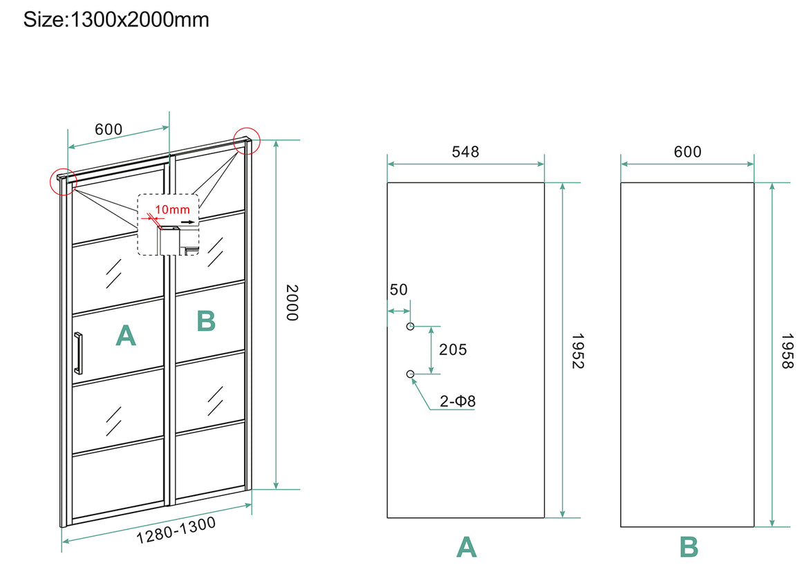 Wiesbaden Horizon nisdeur met vast deel en raster 130 cm - technische tekening