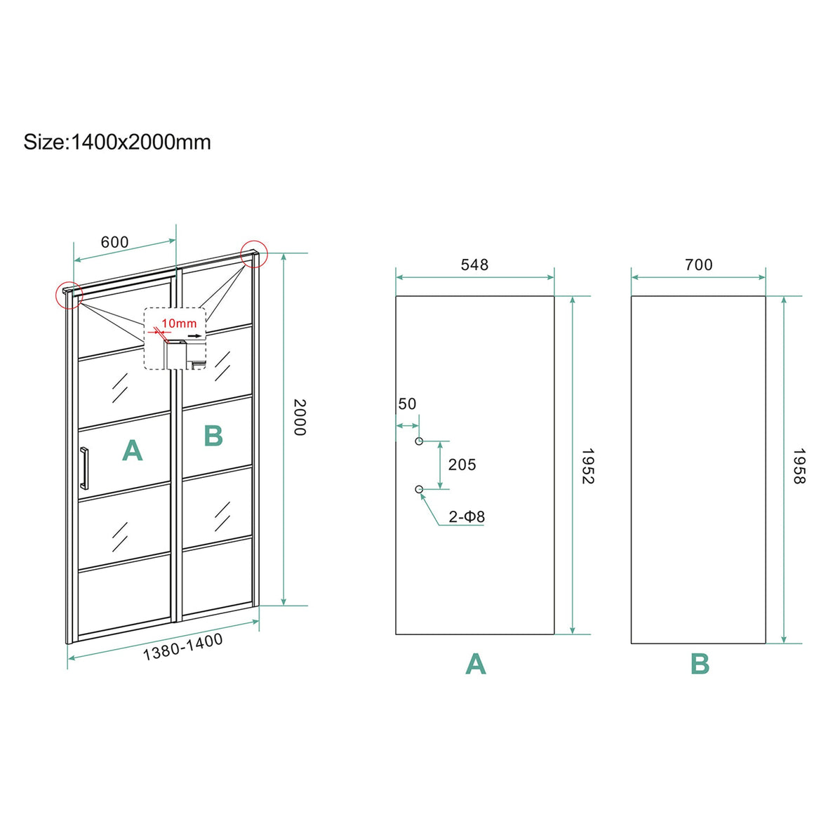 Wiesbaden Horizon nisdeur met vast deel en raster 140 cm - technische tekening
