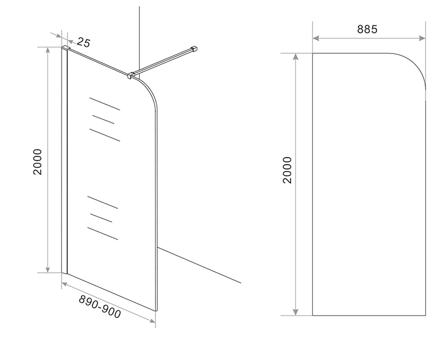 Wiesbaden Curvea inloopdouche nano vintage brons glas 90 cm - technische tekening