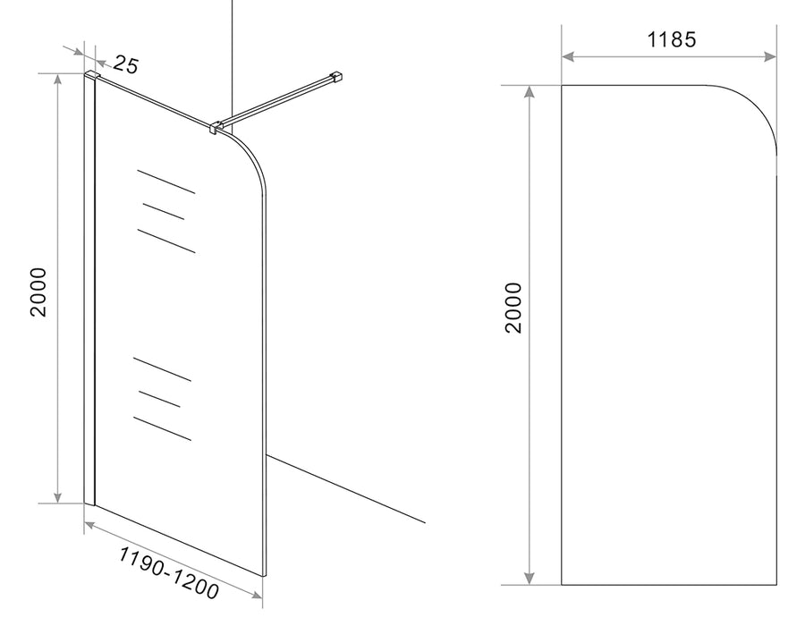 Wiesbaden Curvea inloopdouche nano vintage brons glas 120 cm - technische tekening
