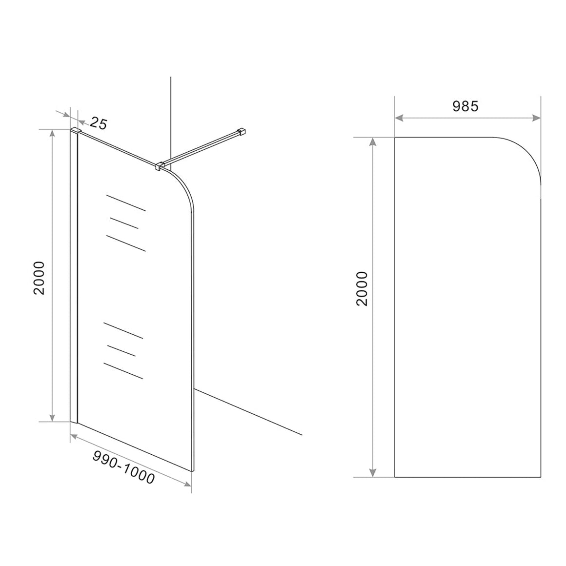 Wiesbaden Curvea inloopdouche rookglas 100 cm - technische tekening