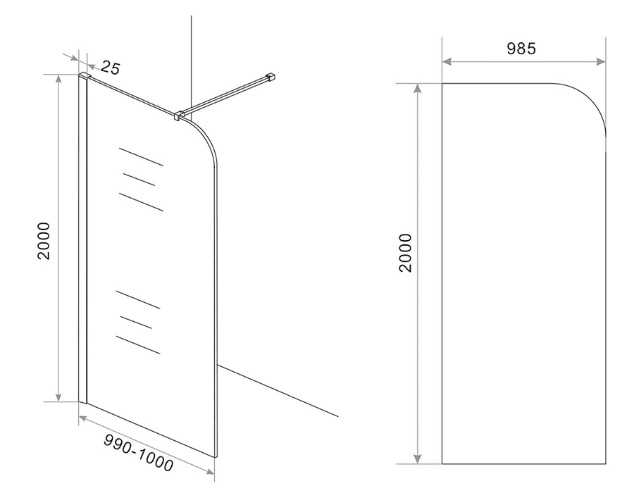 Wiesbaden Curvea inloopdouche rookglas 100 cm - technische tekening