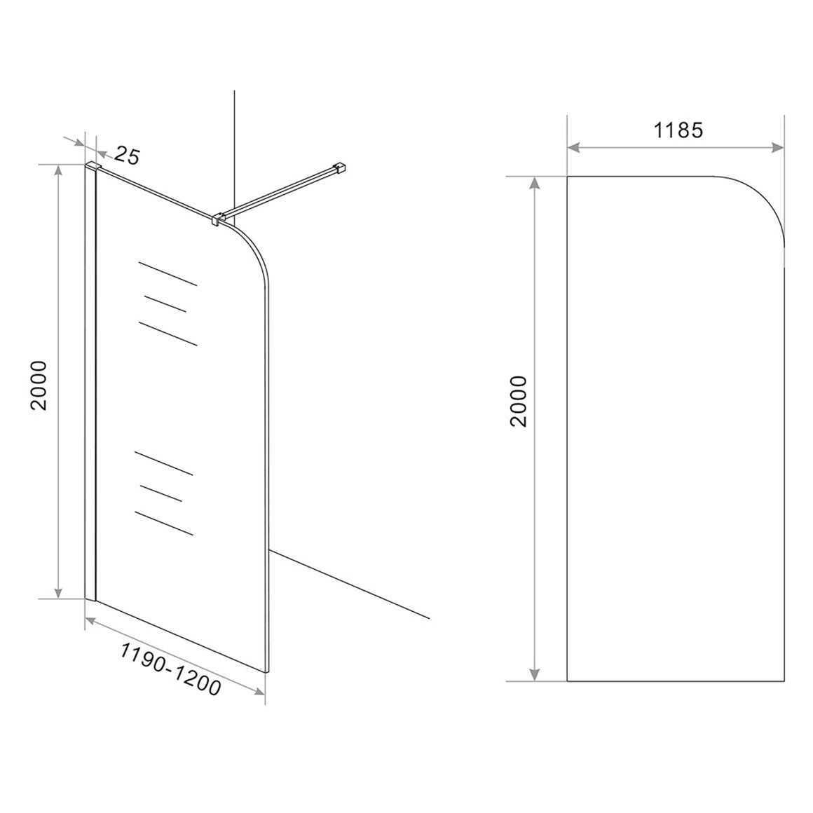 Wiesbaden Curvea inloopdouche rookglas 120 cm - technische tekening