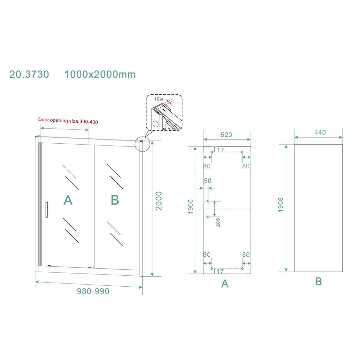 Wiesbaden Skyline nis schuifdeur nano helder glas 100 cm - technische tekening