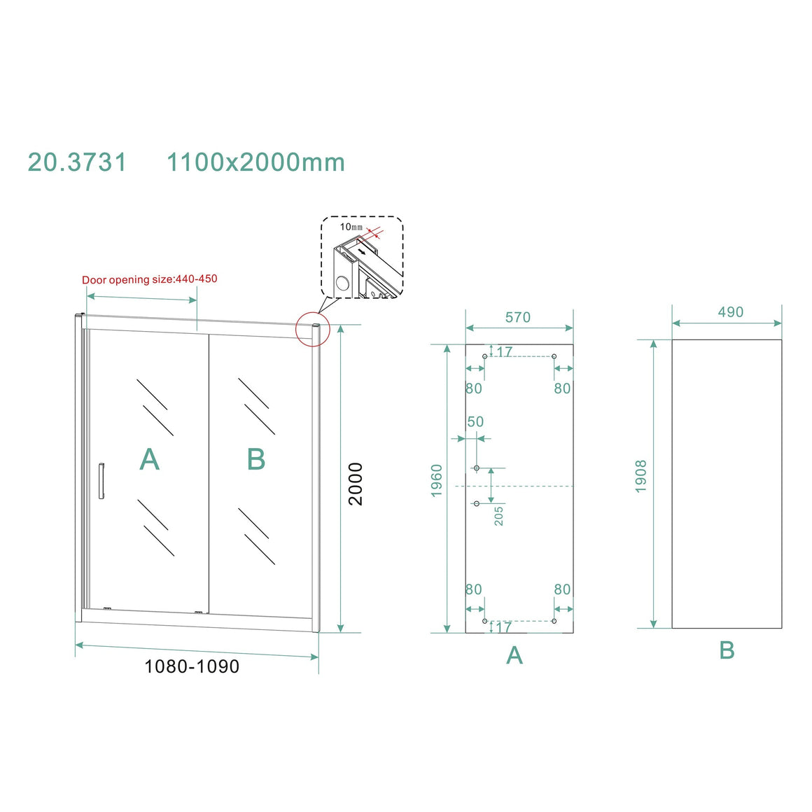 Wiesbaden Skyline nis schuifdeur nano helder glas 110 cm - technische tekening