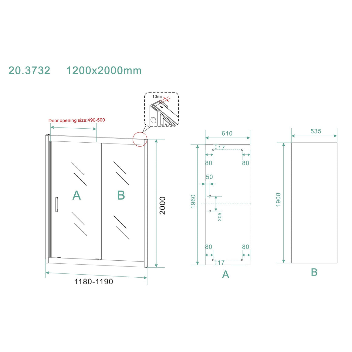 Wiesbaden Skyline nis schuifdeur nano helder glas 120 cm - technische tekening