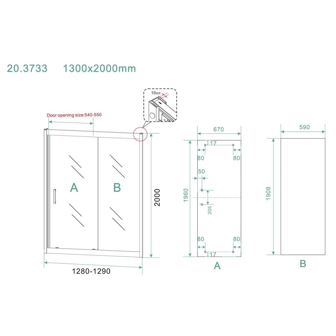 Wiesbaden Skyline nis schuifdeur nano helder glas 130 cm - technische tekening