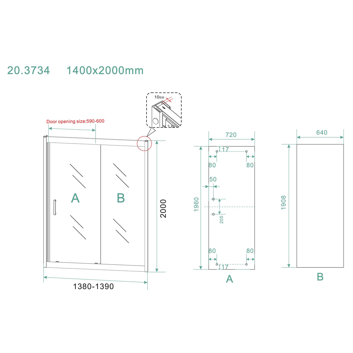 Wiesbaden Skyline nis schuifdeur nano helder glas 140 cm - technische tekening