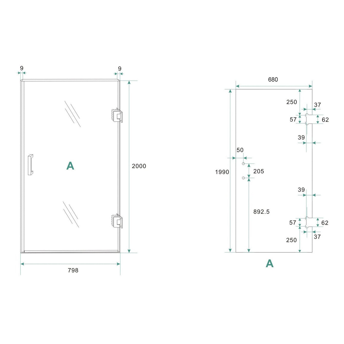 Wiesbaden Less glas voor nisdeur 2000 x 8 mm nano spiegelrook naar helder glas 700 x 2000 mm / Rechts - technische tekening