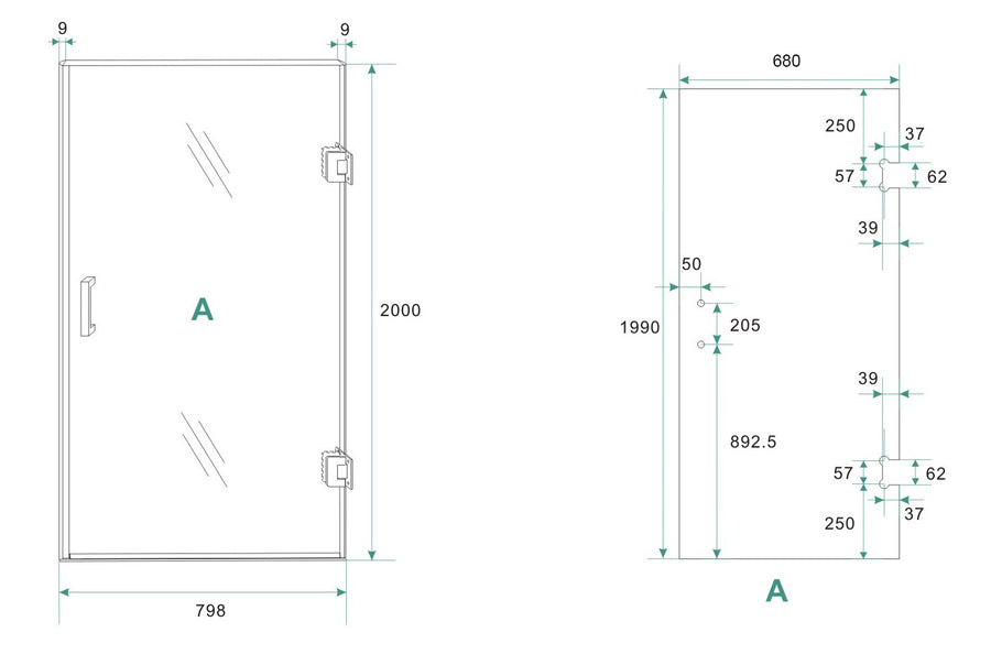 Wiesbaden Less glas voor nisdeur 2000 x 8 mm nano spiegelrook naar helder glas 700 x 2000 mm / Rechts - technische tekening