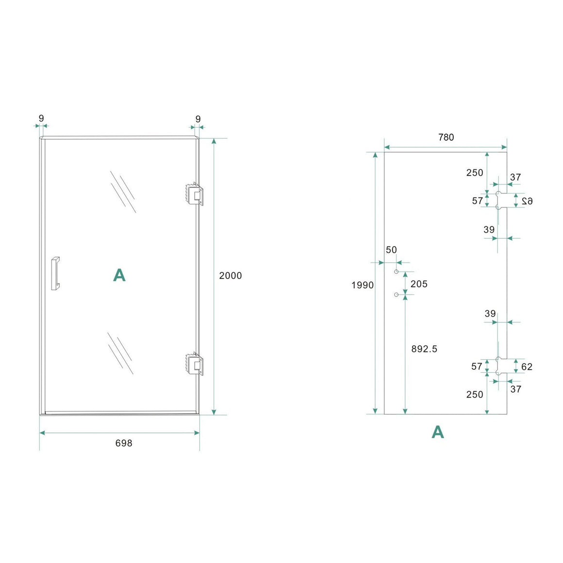 Wiesbaden Less glas voor nisdeur 2000 x 8 mm nano spiegelrook naar helder glas 800 x 2000 mm / Rechts - technische tekening