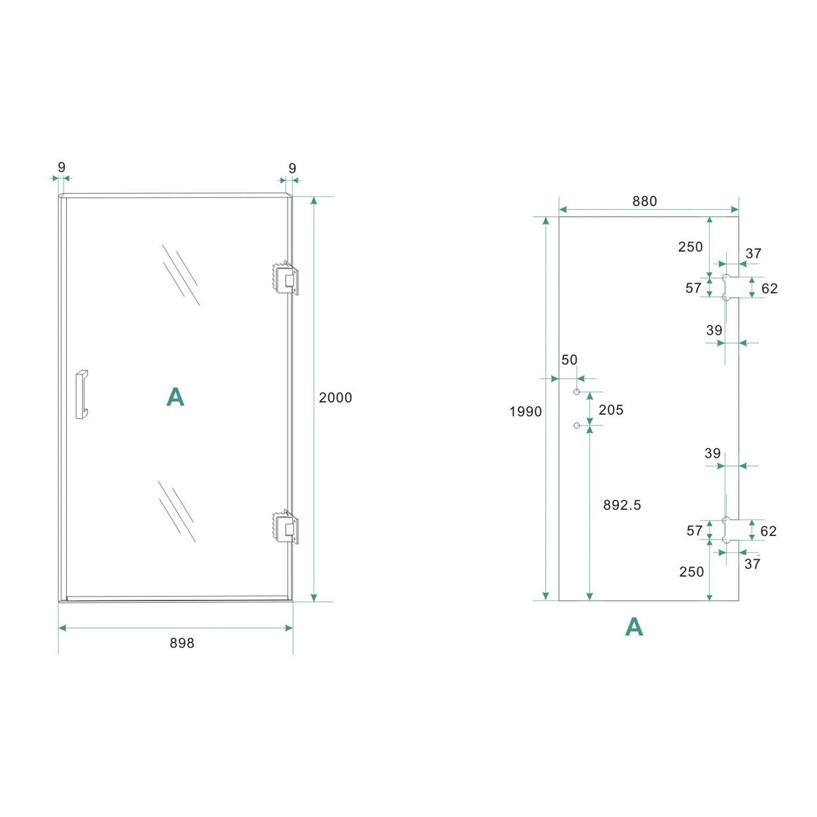 Wiesbaden Less glas voor nisdeur 2000 x 8 mm nano spiegelrook naar helder glas 900 x 2000 mm / Rechts - technische tekening