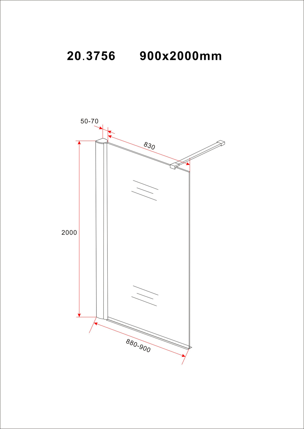 Wiesbaden Graffic inloopdouche Safety Glass 90 cm / Chroom - technische tekening