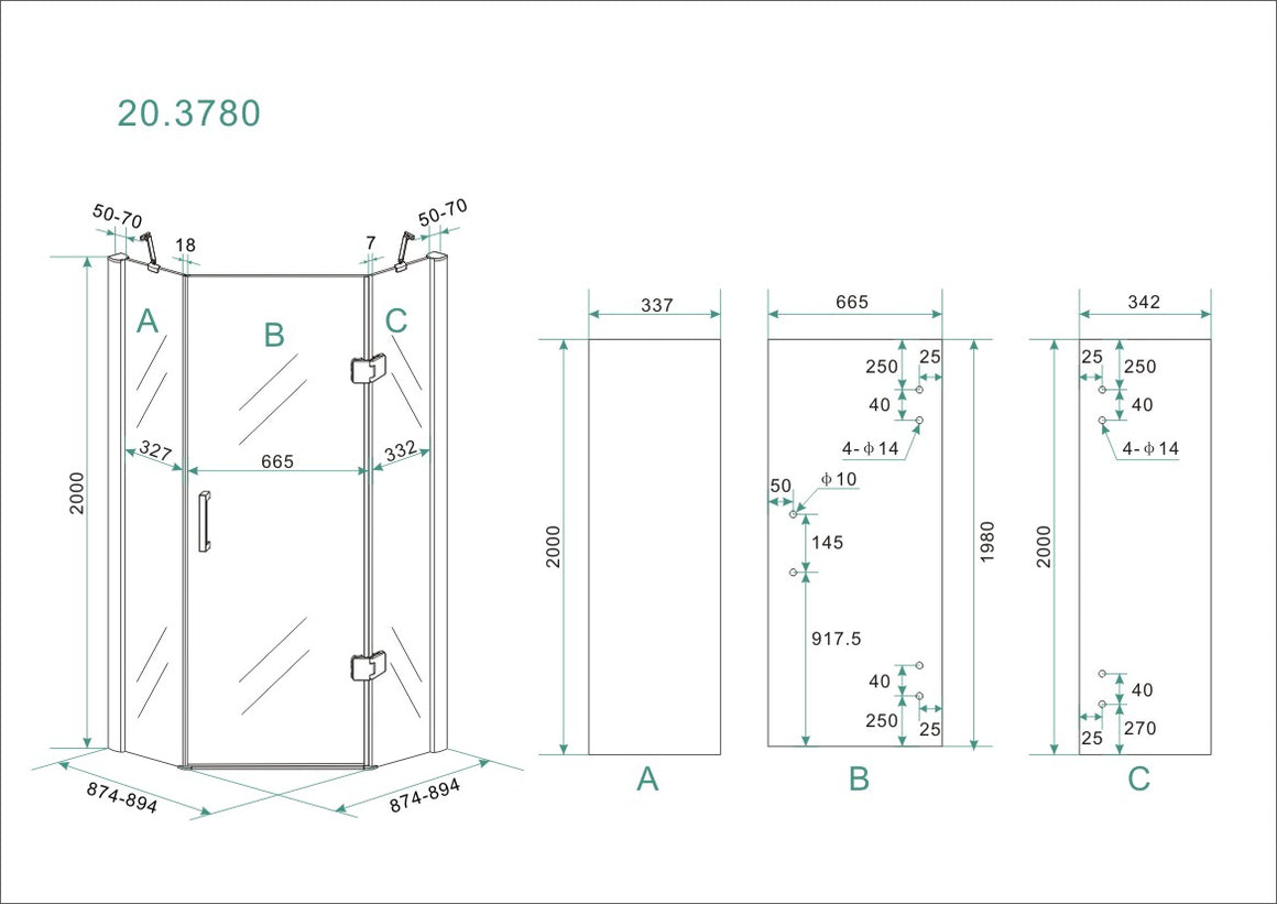 Wiesbaden Pento cabine met 1 draaideur 90 x 90 x 200 cm - technische tekening