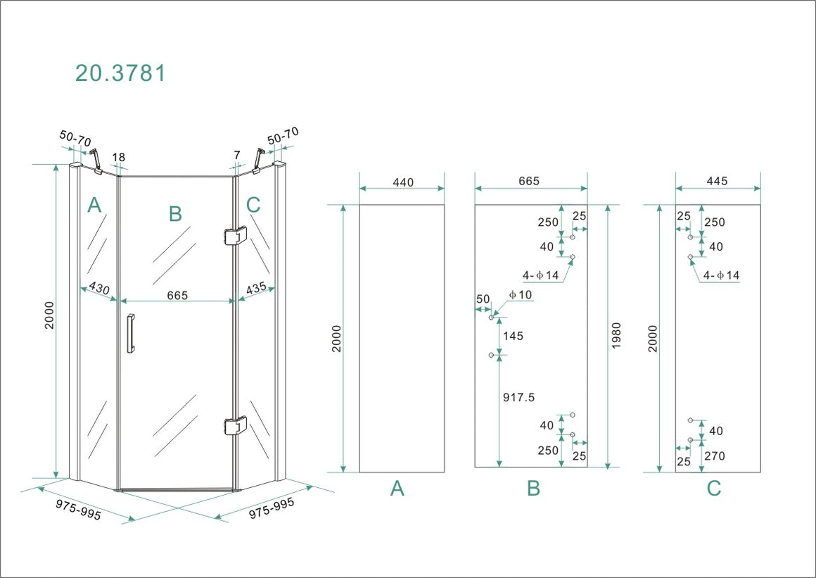 Wiesbaden Pento cabine met 1 draaideur 100 x 100 x 200 cm - technische tekening