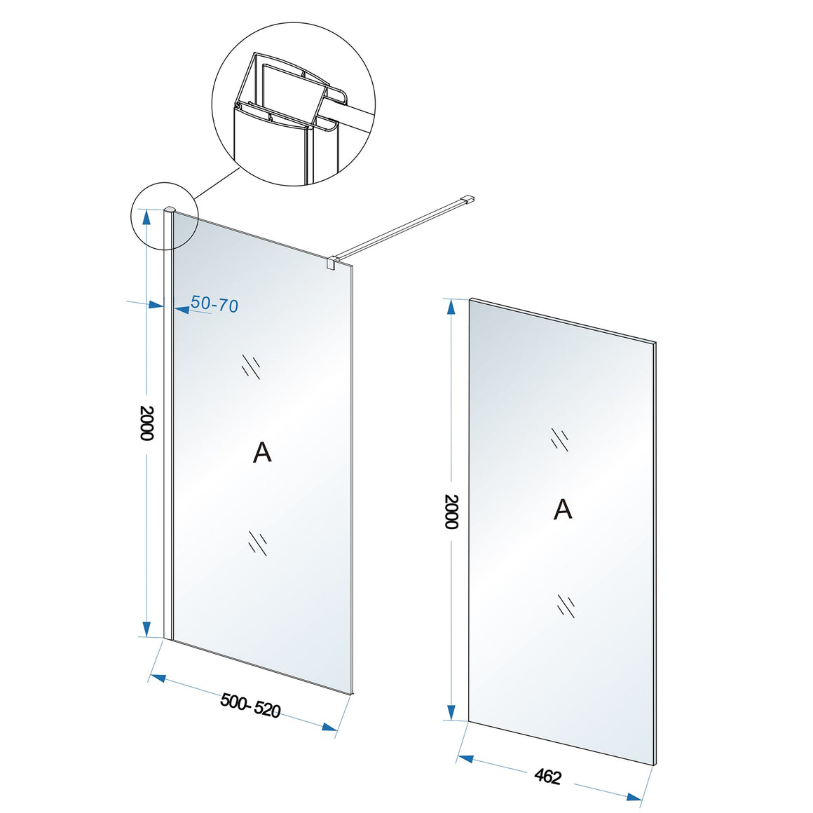 Wiesbaden Comfort inloopdouche 2000 x nano helder glas 500 x 2000 mm - technische tekening