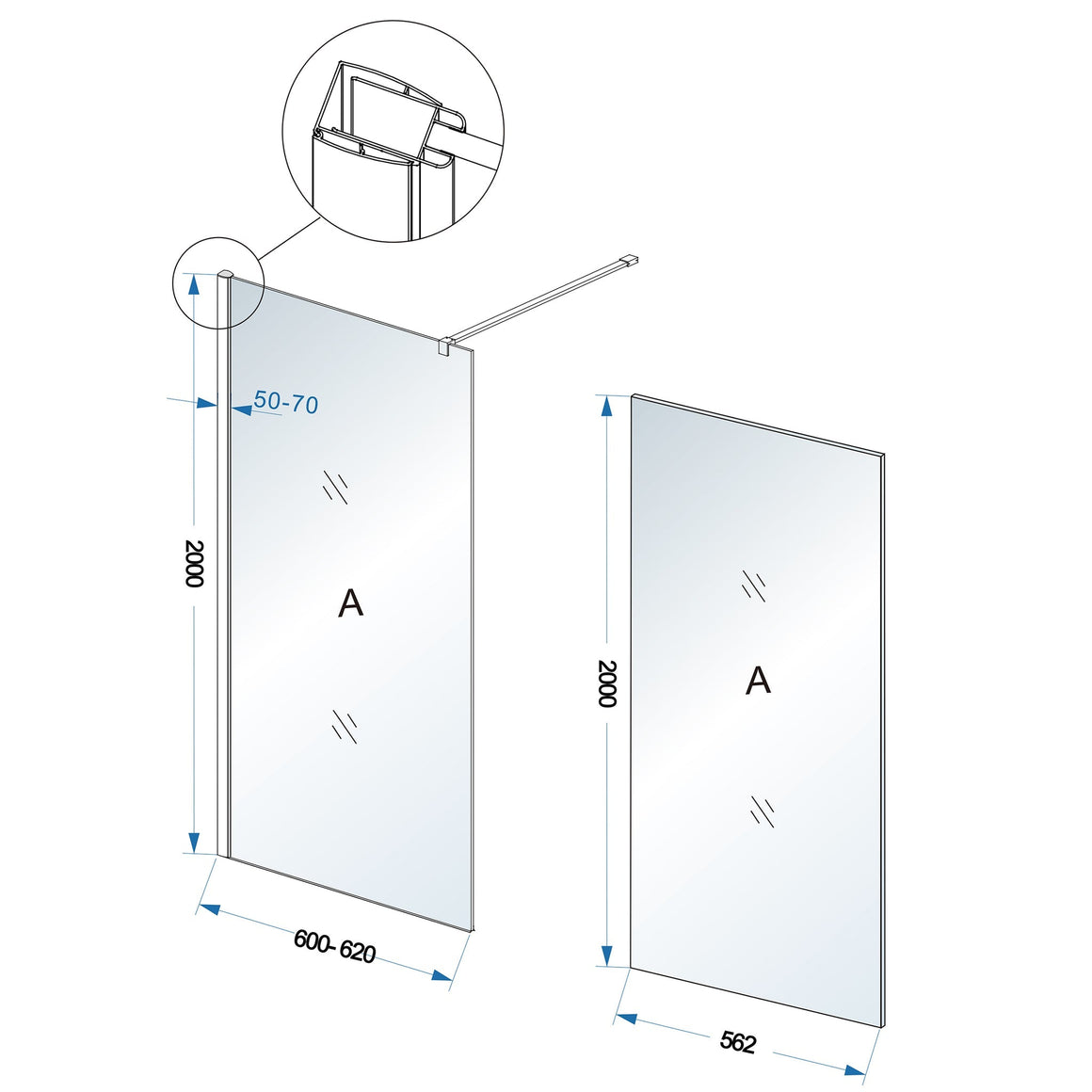 Wiesbaden Comfort inloopdouche 2000 x nano helder glas 600 x 2000 mm - technische tekening