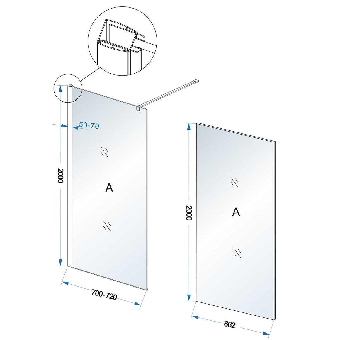 Wiesbaden Comfort inloopdouche 2000 x nano helder glas 700 x 2000 mm - technische tekening