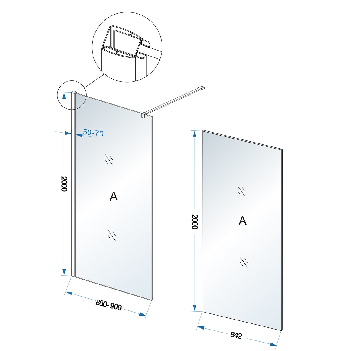 Wiesbaden Comfort inloopdouche 2000 x nano helder glas 900 x 2000 mm - technische tekening