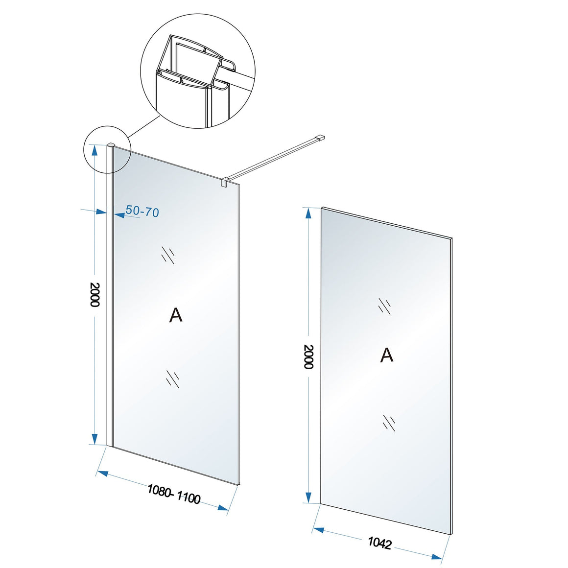 Wiesbaden Comfort inloopdouche 2000 x nano helder glas 1100 x 2000 mm - technische tekening