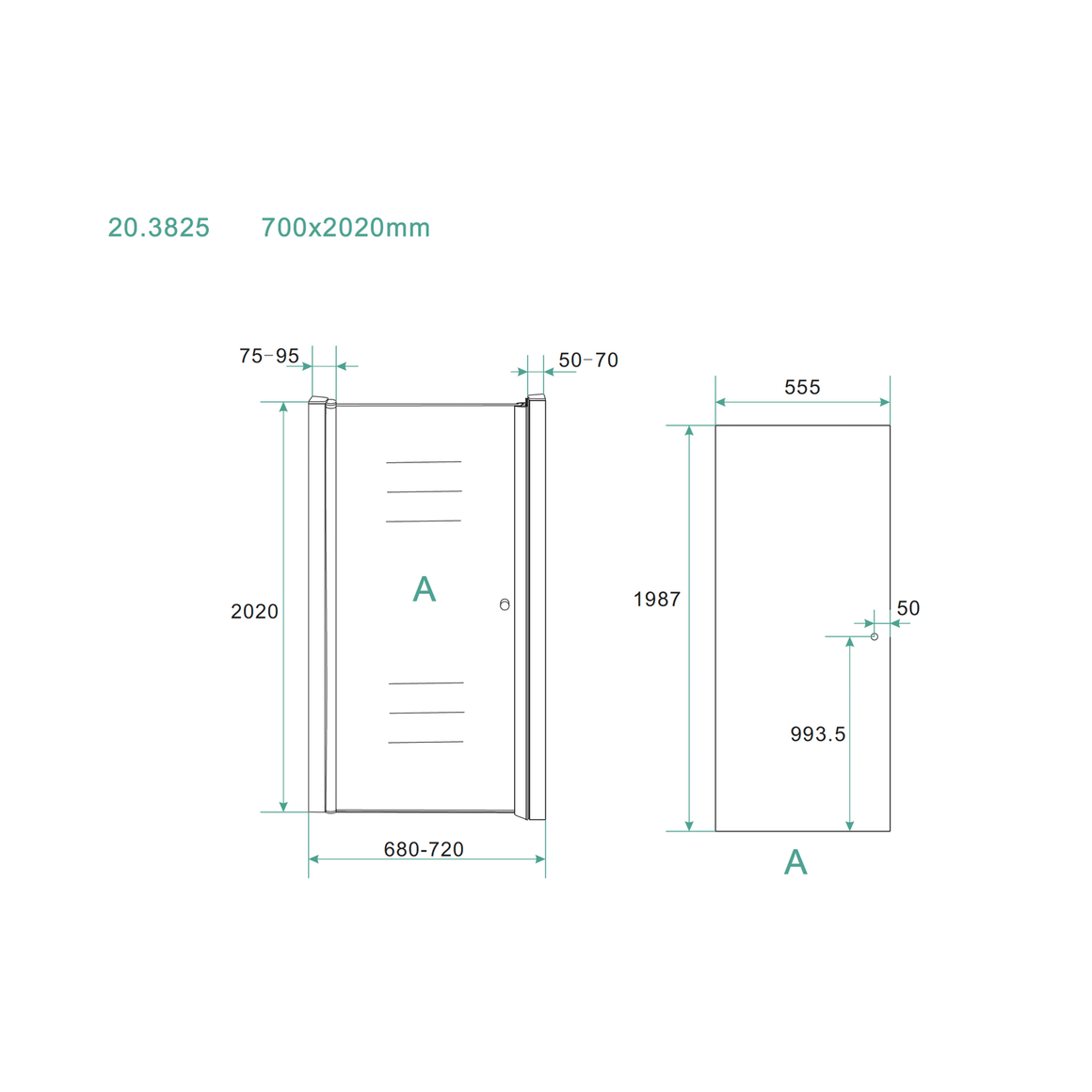 Wiesbaden Between nisdeur nano helder glas 70 cm - technische tekening