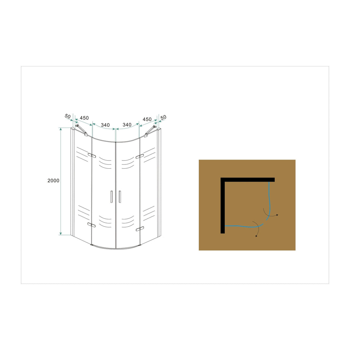 Double cabine kwartrond met 2 draaideuren 1000 x 1000 x 2000 x 8 mm nano helder glas/chroom