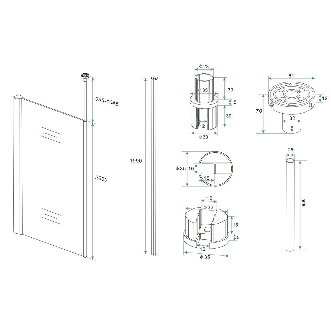 Wiesbaden set verticale plafond stabilisatiestang chroom - technische tekening